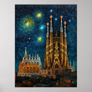 Barcelona Basiliek Sagrada Família Sterrennacht Poster