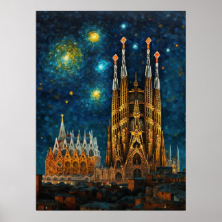 Barcelona Basiliek Sagrada Família Sterrennacht Poster