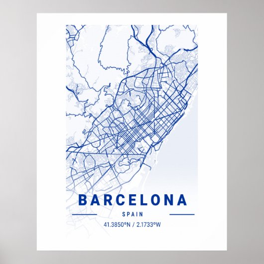 Barcelona City Map Blue Poster (Voorkant)
