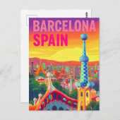 Barcelona Gaudi Sunset Retro Briefkaart (Voorkant / Achterkant)