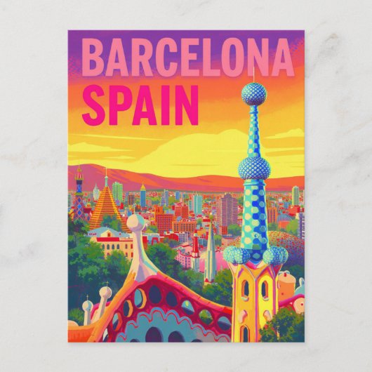 Barcelona Gaudi Sunset Retro Briefkaart (Voorkant)