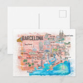 Barcelona geïllustreerd reisschema met hoofdwegen briefkaart (Voorkant / Achterkant)