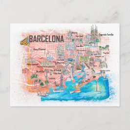Barcelona geïllustreerd reisschema met hoofdwegen briefkaart