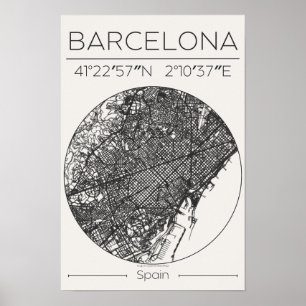 Barcelona Houtskool Stad Kaart Poster Minimal Euro