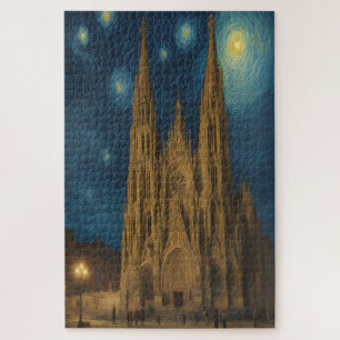 Barcelona Kathedraal 's Nachts in Van Gogh stijl  Legpuzzel