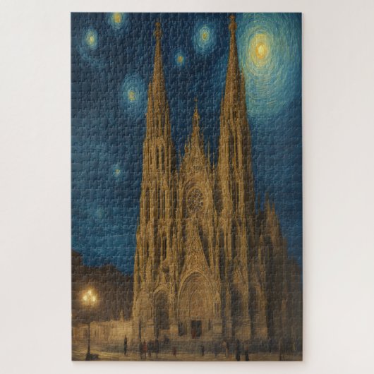 Barcelona Kathedraal 's Nachts in Van Gogh stijl  Legpuzzel (Verticaal)