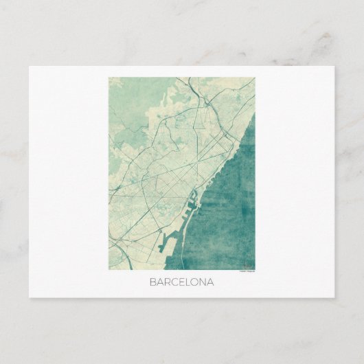 Barcelona Map Blue  Waterverf Briefkaart (Voorkant)