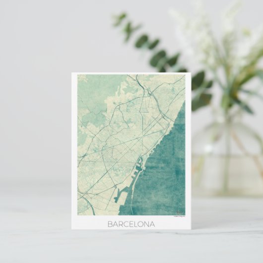 Barcelona Map Blue  Waterverf Briefkaart (Staand voorkant)