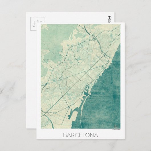 Barcelona Map Blue  Waterverf Briefkaart (Voorkant / Achterkant)