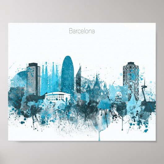 Barcelona Monochrome Blue Skyline Poster (Voorkant)