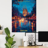 Barcelona Nights - Sagrada Familia Reflecties Poster (Thuiskantoor)