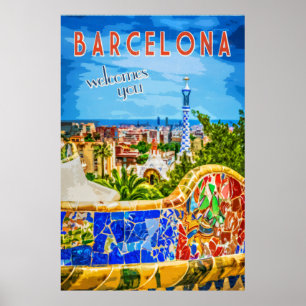 Barcelona Park Güell Bench Vintage Travel Poster