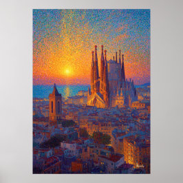 Barcelona Sagrada Familia Pointillisme Zonsonderga Poster