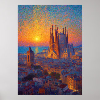 Barcelona Sagrada Familia Pointillisme Zonsonderga Poster