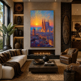 Barcelona Sagrada Familia Pointillisme Zonsonderga Poster