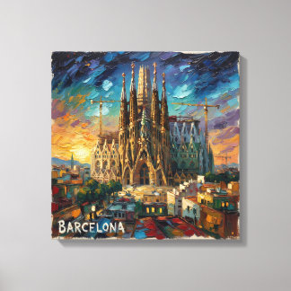 Barcelona Sagrada Sunset Cityscape Canvas Afdruk