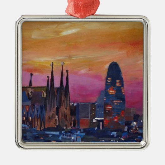 Barcelona Skyline en Torre Agbar, Sagrada Familia Metalen Ornament (Voorkant)