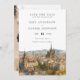 Barcelona Skyline Watercolor Photo Wedding Save The Date