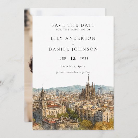 Barcelona Skyline Watercolor Photo Wedding Save The Date (Voorkant / Achterkant)