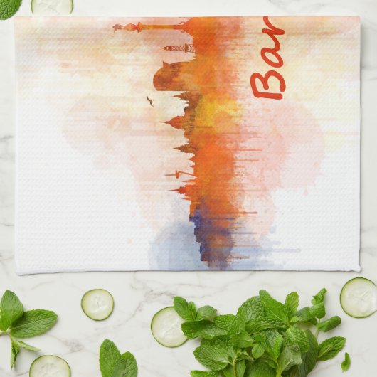 Barcelona Skyline watercolor v04 Theedoek (Gevouwen)