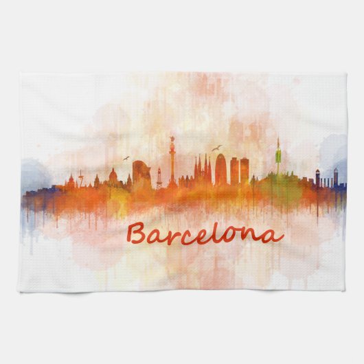 Barcelona Skyline watercolor v04 Theedoek (Horizontaal)