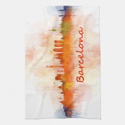 Barcelona Skyline watercolor v04 Theedoek (Verticaal)