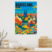 Barcelona Spain Colorful Aerial View Travel Poster (Keuken)