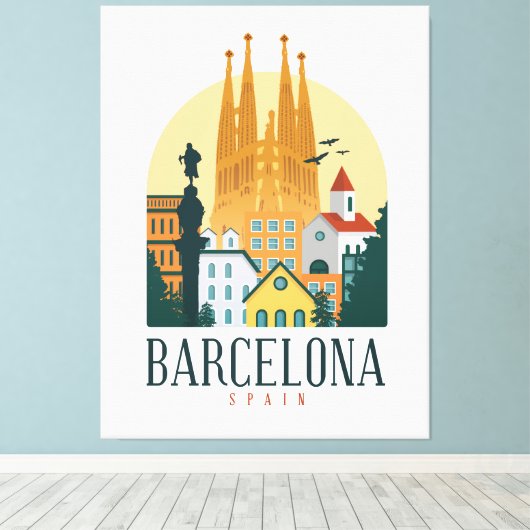 Barcelona Spain Skyline Stretched Canvas Print (Insitu (Houten vloer))