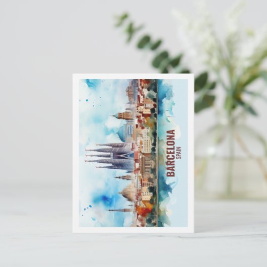 Barcelona Spanje Beroemde Reisplaats Waterverf Briefkaart (Staand voorkant)