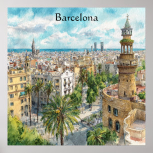 Barcelona Spanje Catalonië Stad Gezicht Olieverf Poster