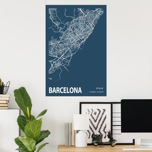 Barcelona Spanje City Map Line Art Blue Print (Thuiskantoor)