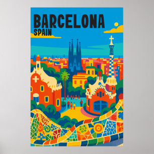 Barcelona Spanje Kleurrijk Luchtzicht Reizen Poster