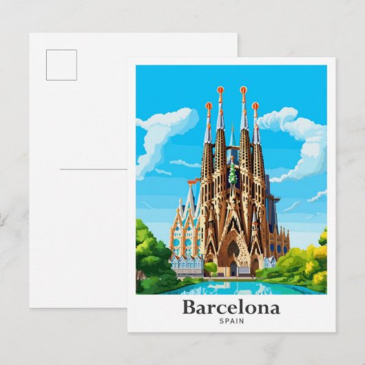 Barcelona Spanje Kunst Vintage Reizen Illustratie Briefkaart (Voorkant / Achterkant)