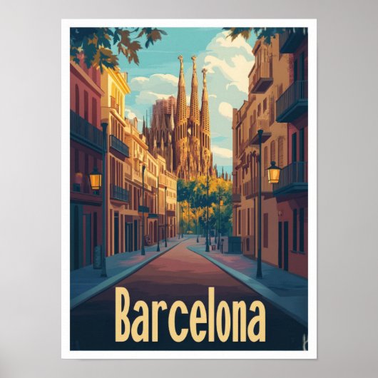 Barcelona Spanje Kunst Vintage Reizen Illustratie Poster (Voorkant)