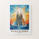 Barcelona Spanje La Sagrada Familia Reiskunst Legpuzzel<br><div class="desc">Barcelona retro vector reisontwerp. Barcelona,  de kosmopolitische hoofdstad van de Spaanse regio Catalonië,  staat bekend om zijn kunst en architectuur.</div>