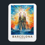Barcelona Spanje La Sagrada Familia Reiskunst Magneet<br><div class="desc">Barcelona retro vector reisontwerp. Barcelona,  de kosmopolitische hoofdstad van de Spaanse regio Catalonië,  staat bekend om zijn kunst en architectuur.</div>
