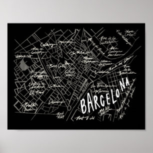 Barcelona Spanje Map Poster - Black  Style
