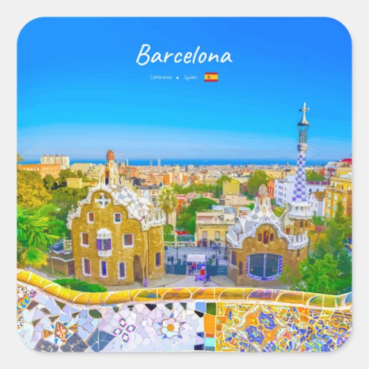 Barcelona, Spanje - Park Guell Gaudi Mozaïek Vierkante Sticker (Voorkant)