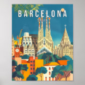 Barcelona Spanje Poster Kunstprint, Stad Retro Oud (Voorkant)
