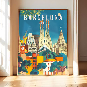 Barcelona Spanje Poster Kunstprint, Stad Retro Oud