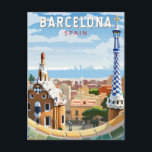 Barcelona Spanje Reizen Kunst Vintage Briefkaart<br><div class="desc">Barcelona retro vector reisontwerp. Barcelona,  de kosmopolitische hoofdstad van de Spaanse regio Catalonië,  staat bekend om zijn kunst en architectuur.</div>