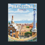 Barcelona Spanje Reizen Kunst Vintage Briefkaart<br><div class="desc">Barcelona retro vector reisontwerp. Barcelona,  de kosmopolitische hoofdstad van de Spaanse regio Catalonië,  staat bekend om zijn kunst en architectuur.</div>