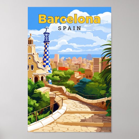 Barcelona Spanje Reizen Kunst Vintage Illustratie Poster (Voorkant)