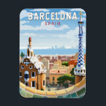 Barcelona Spanje Reizen Kunst Vintage Magneet<br><div class="desc">Barcelona retro vector reisontwerp. Barcelona,  de kosmopolitische hoofdstad van de Spaanse regio Catalonië,  staat bekend om zijn kunst en architectuur.</div>