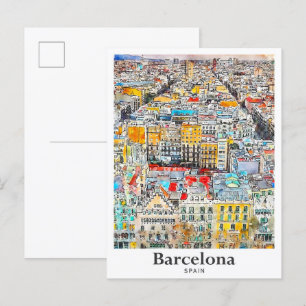 Barcelona Spanje Reizen Waterverf Hand getekend Briefkaart