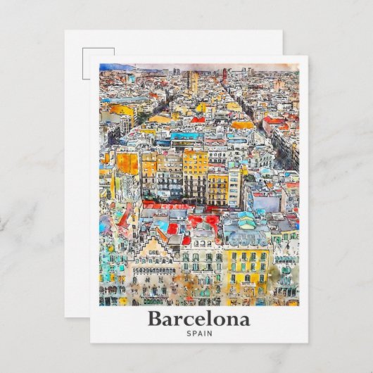 Barcelona Spanje Reizen Waterverf Hand getekend Briefkaart (Voorkant / Achterkant)