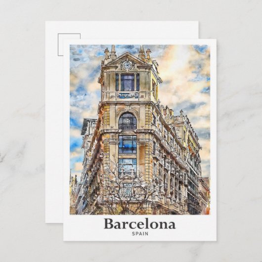 Barcelona Spanje Reizen Waterverf Hand getekend Briefkaart (Voorkant / Achterkant)