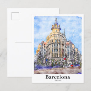 Barcelona Spanje Reizen Waterverf Hand getekend Briefkaart