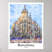 Barcelona Spanje Reizen Waterverf Hand getekend Poster (Voorkant)
