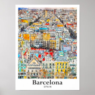 Barcelona Spanje Reizen Waterverf Hand getekend Poster